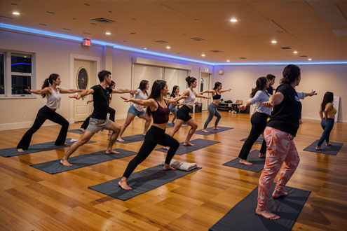 The River Vinyasa Yoga connects breath and movement through a fluid sequence of poses, featuring playful transitions that boost strength, flexibility, and mindfulness. This dynamic class welcomes all levels.